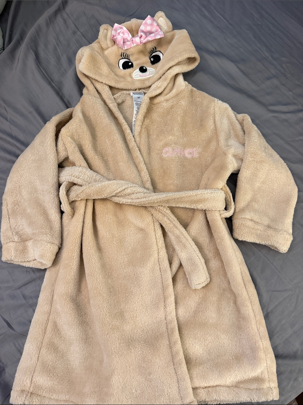 Beige Plush Kids Hooded Clarice Robe with Pink Polka Dot Bow